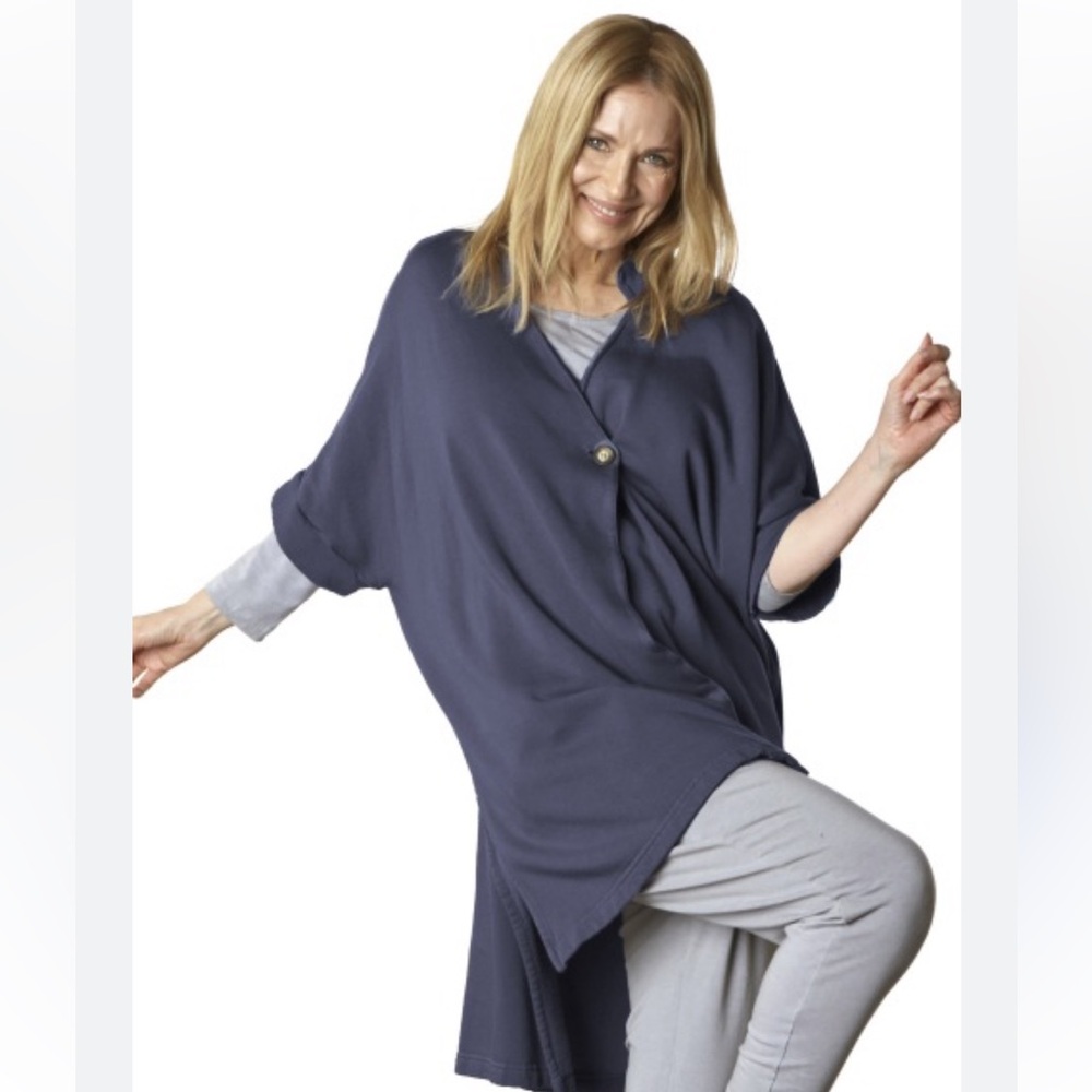 BRYN WALKER CHARLU VEST M HIGH LOW ORGANIC COTTON BAMBOO LAGENLOOK LAYER BLUE